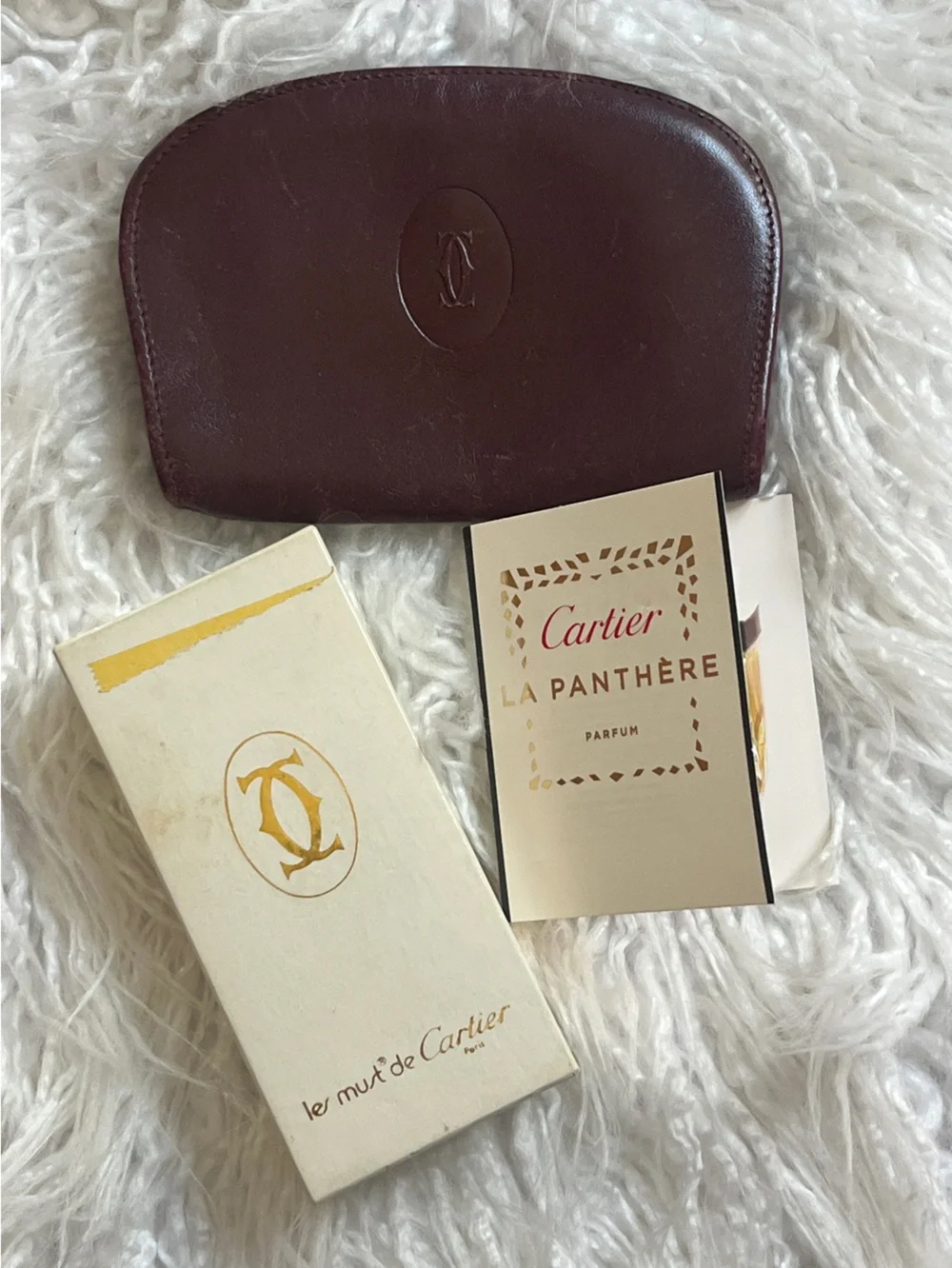 Cartier Burgundy and Gold Leather Key Case, wallet & perfum sample bundle